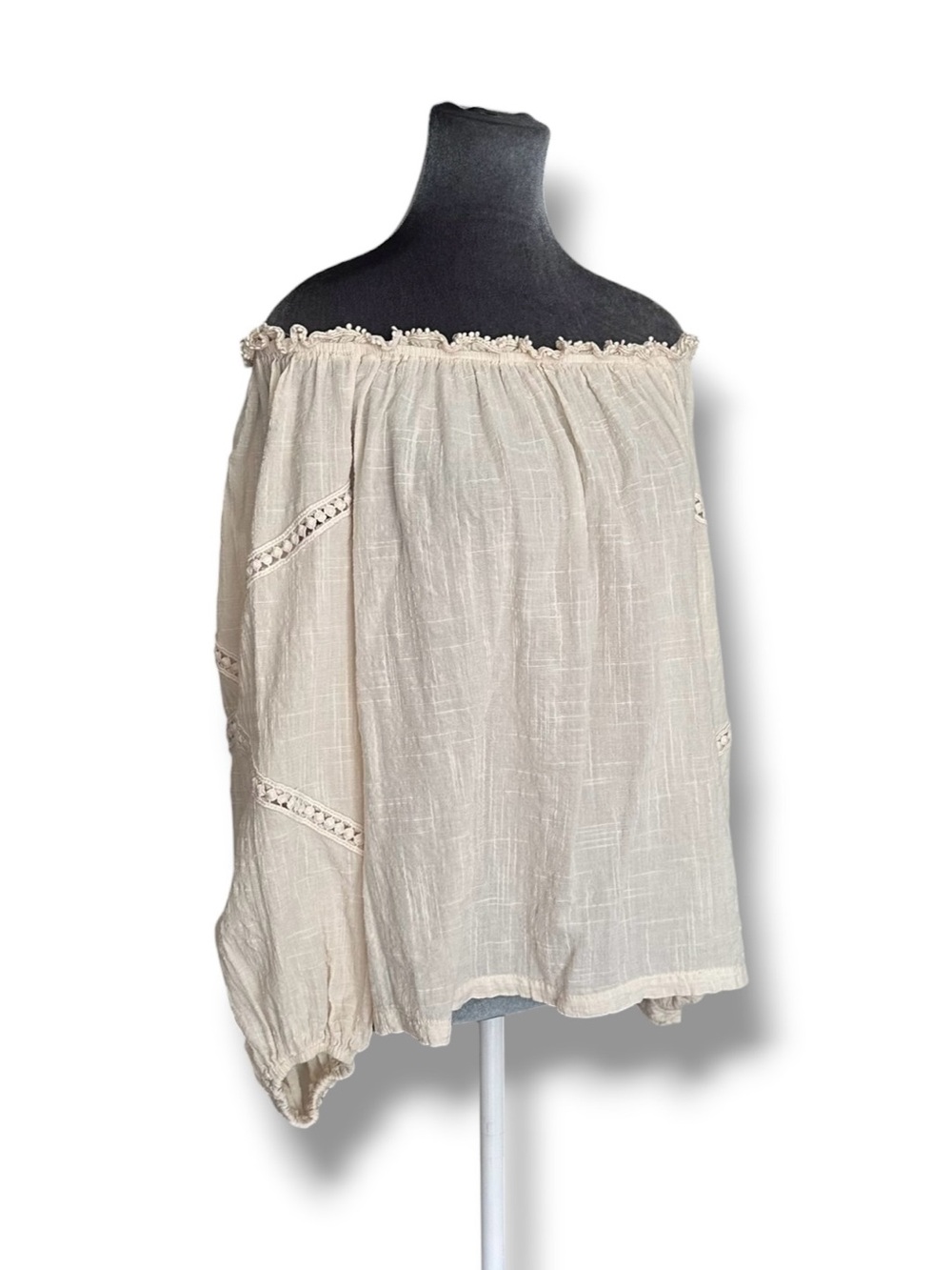 Max Studio White Cotton Blend Off The Shoulder Long Peasant Sleeve Boho Blouse L